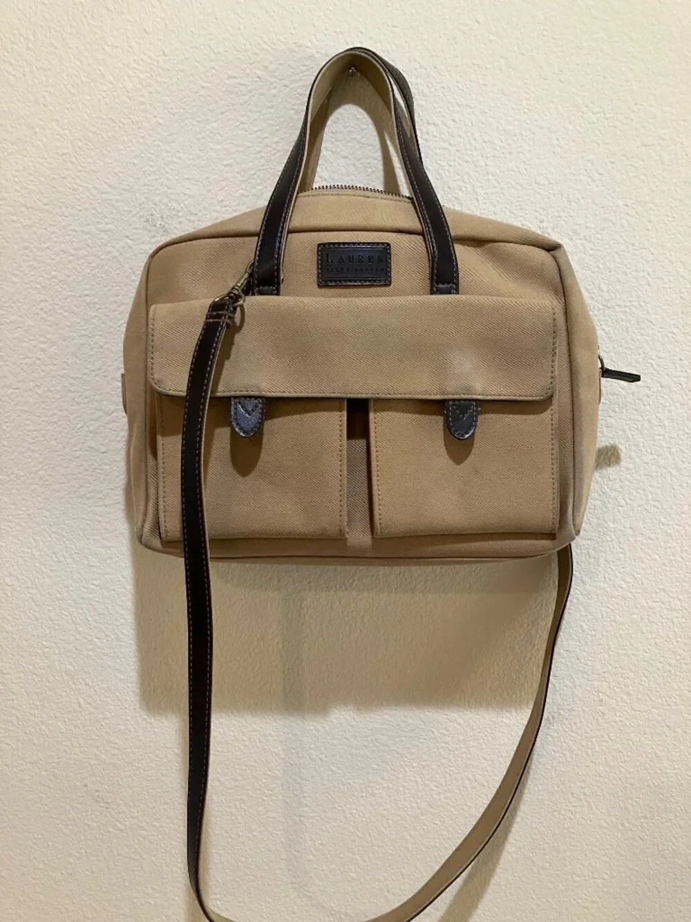Lauren Ralph Lauren Vintage Canvas Leather Shoulder Satchel Tote Bag Beige Brown